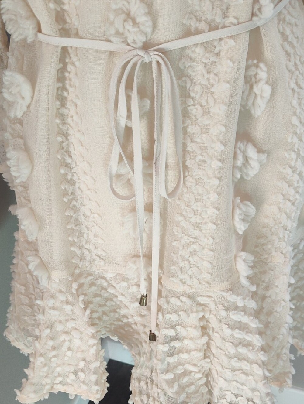 Entro Cream Textured Lined Mini Dress with Floral Appliqués And Bell Sleeves - Picture 4 of 16